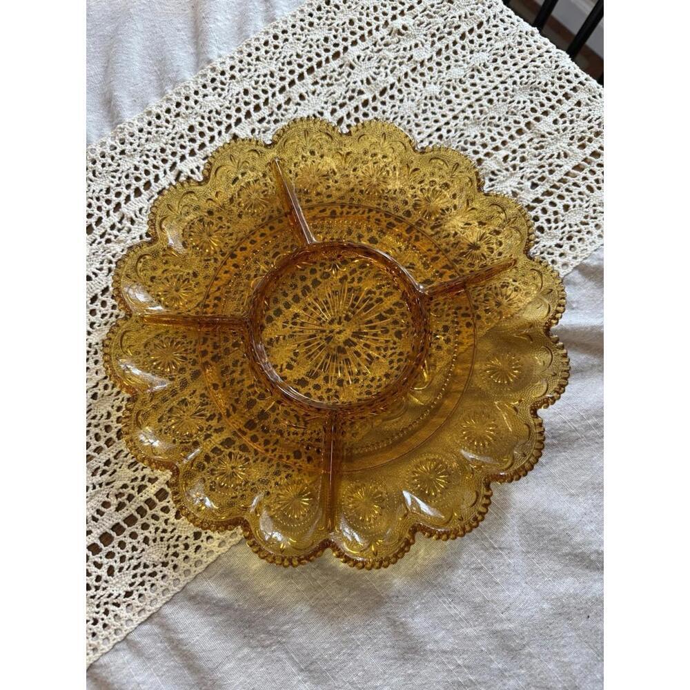 Vintage Brockway Glass American Concord Pattern Divided Tray 11.5” Amber